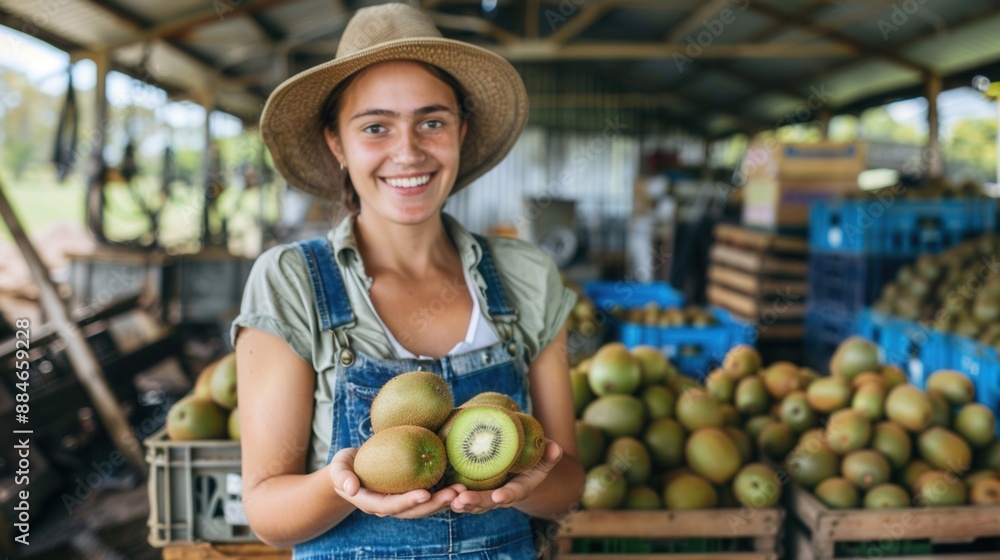 Fototapeta premium Smiling female farmer with fresh harvested kiwi fruit