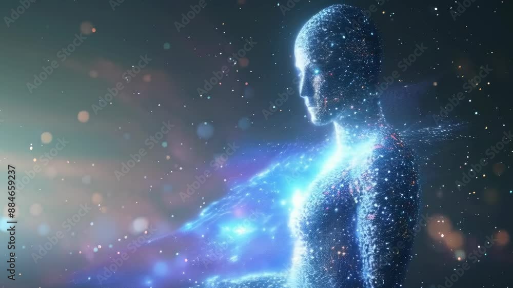 A digitally rendered silhouette of a human figure composed of sparkling stars and particles in a cosmic space background. The figure, gender-neutral, appears in profile view, evoking a sense of A digitally rendered silhouette of a human figure composed of sparkling stars and particles in a cosmic space background. The figure, gender-neutral, appears in profile view, evoking a sense of