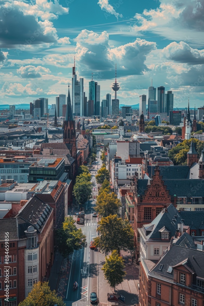 Obraz premium Aerial view of a city with tall skyscrapers and bustling streets, perfect for use in urban-themed designs or as a background image