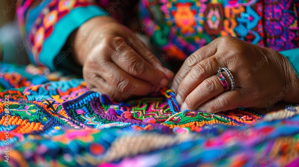 A close-up of hands meticulously crafting colorful artisan embroidery. Each stitch displays a dedication to craftsmanship and cultural artistic expression. A close-up of hands meticulously crafting colorful artisan embroidery. Each stitch displays a dedication to craftsmanship and cultural artistic expression.
