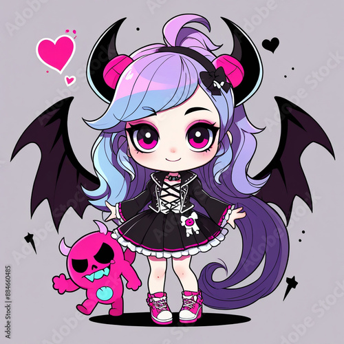 Enigmatic Gothic Girl with Dark Hair and Skull Bows photo