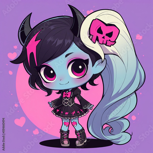 Enigmatic Gothic Girl with Dark Hair and Skull Bows photo