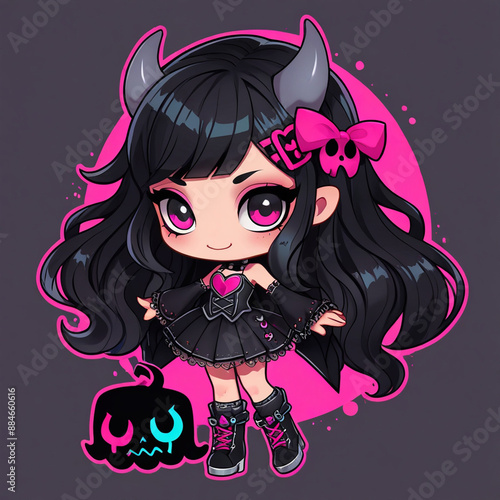 Enigmatic Gothic Girl with Dark Hair and Skull Bows photo