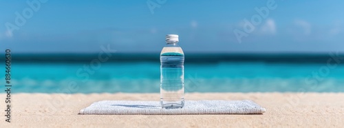 A clear water bottle on a beach towel with the ocean in the background