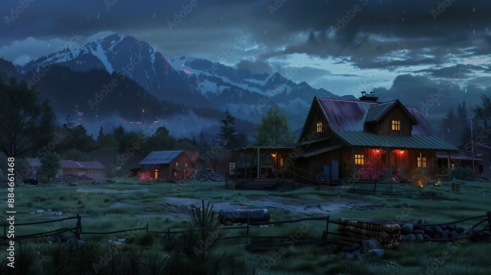Fototapeta premium A rustic cabin illuminated with warm lights in a serene mountainous landscape during the night, with cloudy skies and mist enhancing the tranquil ambiance of the scenery.