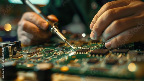 A technician repairing a circuit board with a soldering iron