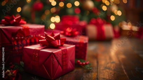 Red Christmas Gifts Under the Tree with Glowing Lights, Festive Holiday Cheer and Gift-Giving