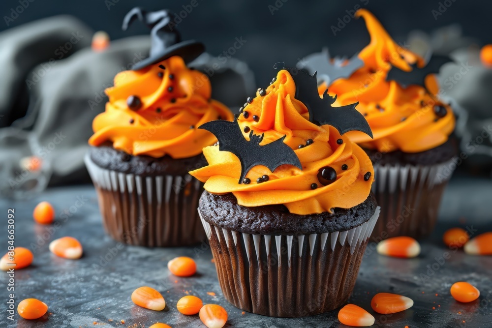 A batch of Halloween cupcakes with vibrant orange and black frosting, topped with creepy candy decorations like witches and bats A batch of Halloween cupcakes with vibrant orange and black frosting, topped with creepy candy decorations like witches and bats