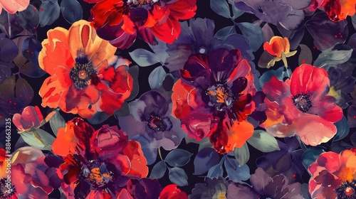 Fototapeta Naklejka Na Ścianę i Meble -  Floral pattern with bold flowers on a dark background in a watercolor style with red orange and purple blooms
