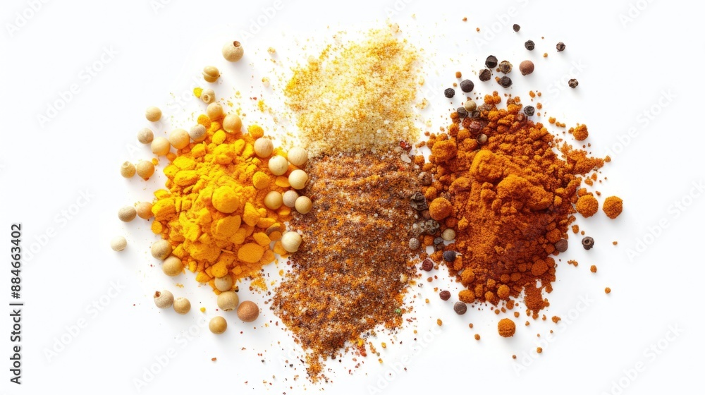 A selection of colorful spices arranged on a clean white background, ideal for use in cooking or photography A selection of colorful spices arranged on a clean white background, ideal for use in cooking or photography