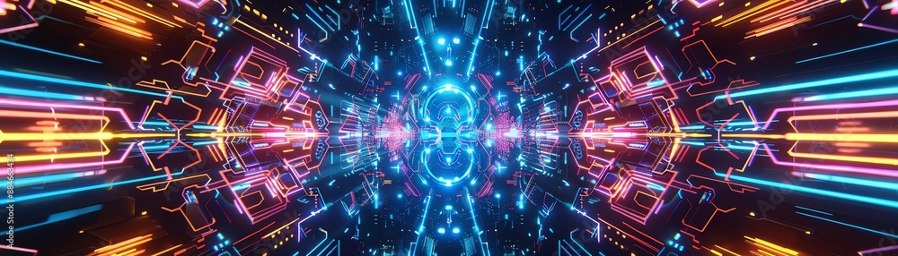 Craft a digital neon symmetry with intricate designs and bright colors, side view, symbolizing precise balance, cybernetic tone, Split-complementary color scheme Craft a digital neon symmetry with intricate designs and bright colors, side view, symbolizing precise balance, cybernetic tone, Split-complementary color scheme