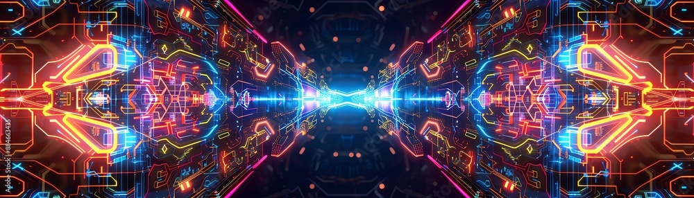 Craft a digital neon symmetry with intricate designs and bright colors, side view, symbolizing precise balance, cybernetic tone, Split-complementary color scheme Craft a digital neon symmetry with intricate designs and bright colors, side view, symbolizing precise balance, cybernetic tone, Split-complementary color scheme
