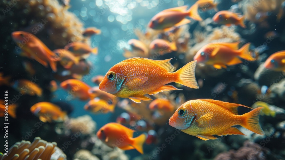 Orange Fish Swimming in a Coral Reef Orange Fish Swimming in a Coral Reef