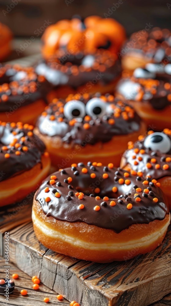 Assorted Halloween-themed donuts with chocolate icing, orange sprinkles, and scary toppings, displayed on a rustic wooden table Assorted Halloween-themed donuts with chocolate icing, orange sprinkles, and scary toppings, displayed on a rustic wooden table