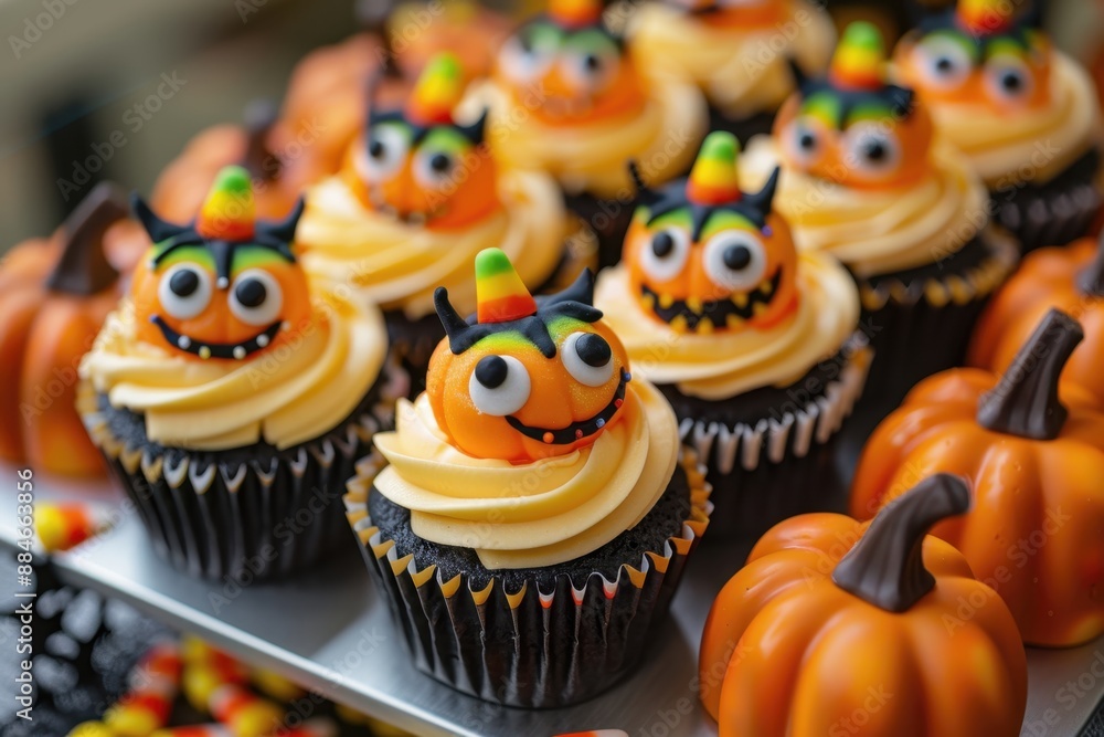 Cute and spooky Halloween cupcakes decorated with mini pumpkins, candy corn, and edible eyeballs, arranged in a festive display Cute and spooky Halloween cupcakes decorated with mini pumpkins, candy corn, and edible eyeballs, arranged in a festive display