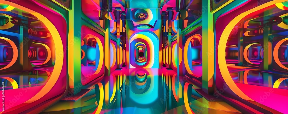 Create a psychedelic mirror design with a full spectrum of colors, vivid, front view, showcasing trippy reflections, futuristic tone, Complementary Color Scheme Create a psychedelic mirror design with a full spectrum of colors, vivid, front view, showcasing trippy reflections, futuristic tone, Complementary Color Scheme