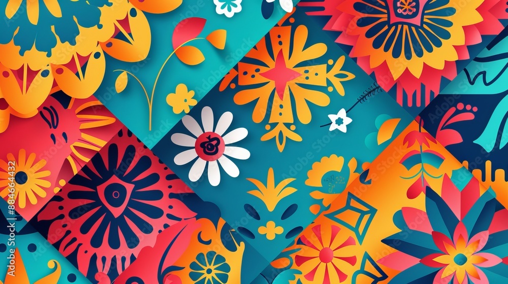 A bold image filled with vibrant floral patterns and abstract forms, creating a lively and visually engaging composition that highlights creativity and artistic expression. A bold image filled with vibrant floral patterns and abstract forms, creating a lively and visually engaging composition that highlights creativity and artistic expression.