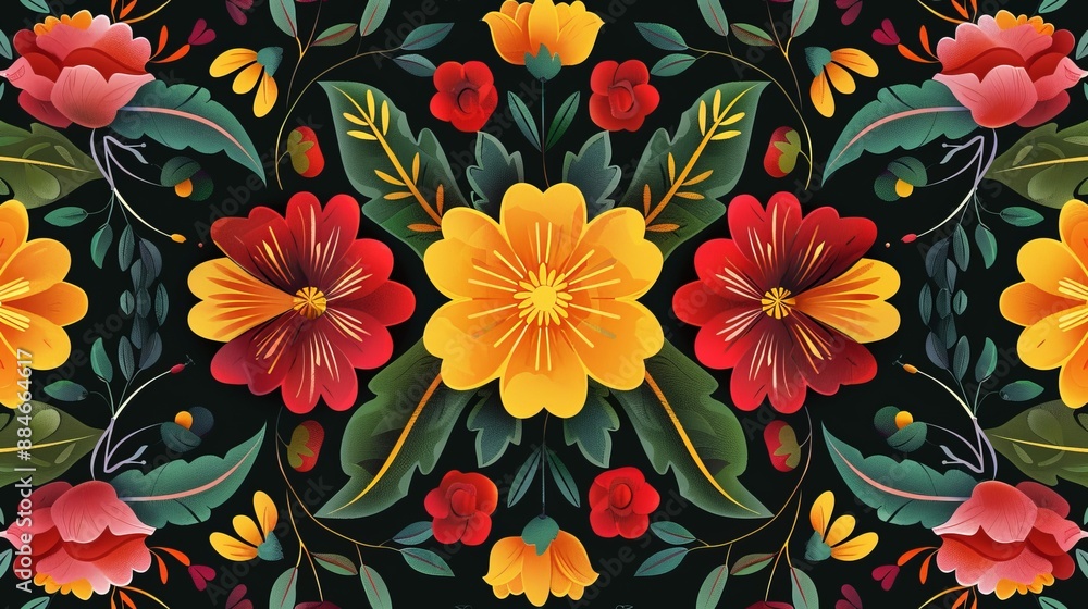 This artwork features a symmetrical arrangement of yellow and red flowers, backed by green leaves, creating a visually balanced and vibrant floral display. This artwork features a symmetrical arrangement of yellow and red flowers, backed by green leaves, creating a visually balanced and vibrant floral display.