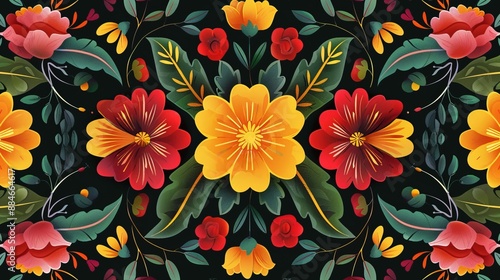 This artwork features a symmetrical arrangement of yellow and red flowers, backed by green leaves, creating a visually balanced and vibrant floral display.