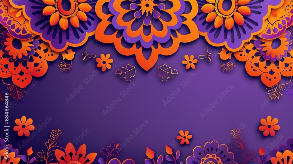 An intricate floral border design with shades of orange and purple flowers adorned with delicate gold accents, creating a luxurious look on a deep purple background. An intricate floral border design with shades of orange and purple flowers adorned with delicate gold accents, creating a luxurious look on a deep purple background.