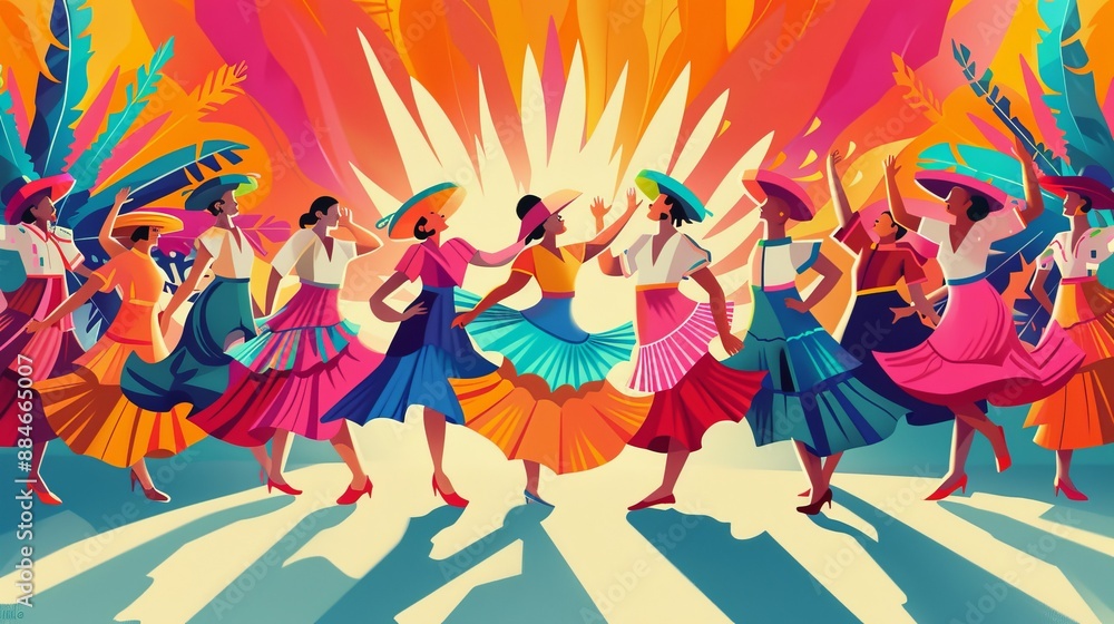 A group of dancers in traditional Mexican attire perform energetically under a bright abstract background, symbolizing the joy and cultural vibrancy of Mexican folk dance. A group of dancers in traditional Mexican attire perform energetically under a bright abstract background, symbolizing the joy and cultural vibrancy of Mexican folk dance.