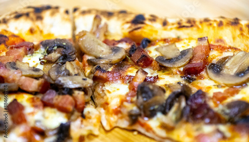 Rustic artisan mushroom pizza with bacon