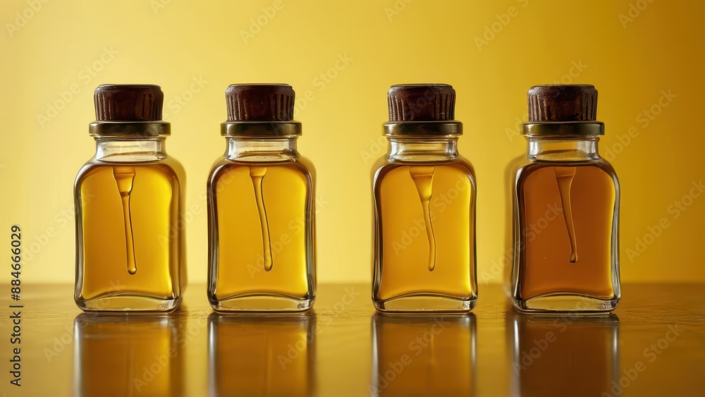 Four Amber Bottles with Droppers on Yellow Background. Four Amber Bottles with Droppers on Yellow Background.