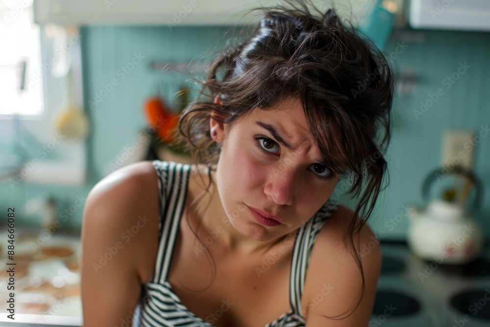 Young woman poses with an exasperated expression in a homey kitchen setting Young woman poses with an exasperated expression in a homey kitchen setting
