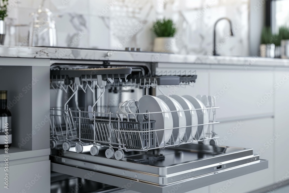 Dishwasher filled with sparkling clean dishes in a contemporary kitchen setting Dishwasher filled with sparkling clean dishes in a contemporary kitchen setting