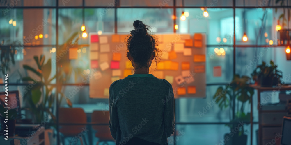 Female Professional Planning Strategy - A woman stands in front of a glass board covered with colorful sticky notes in a modern office, epitomizing strategic planning, creativity, and innovative thin Female Professional Planning Strategy - A woman stands in front of a glass board covered with colorful sticky notes in a modern office, epitomizing strategic planning, creativity, and innovative thin