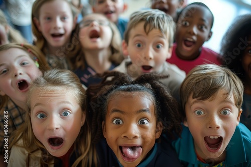 Excited and joyful children's diverse group portrait capturing the innocent and playful expressions of happy boys and girls. Showcasing their enthusiasm. Laughter