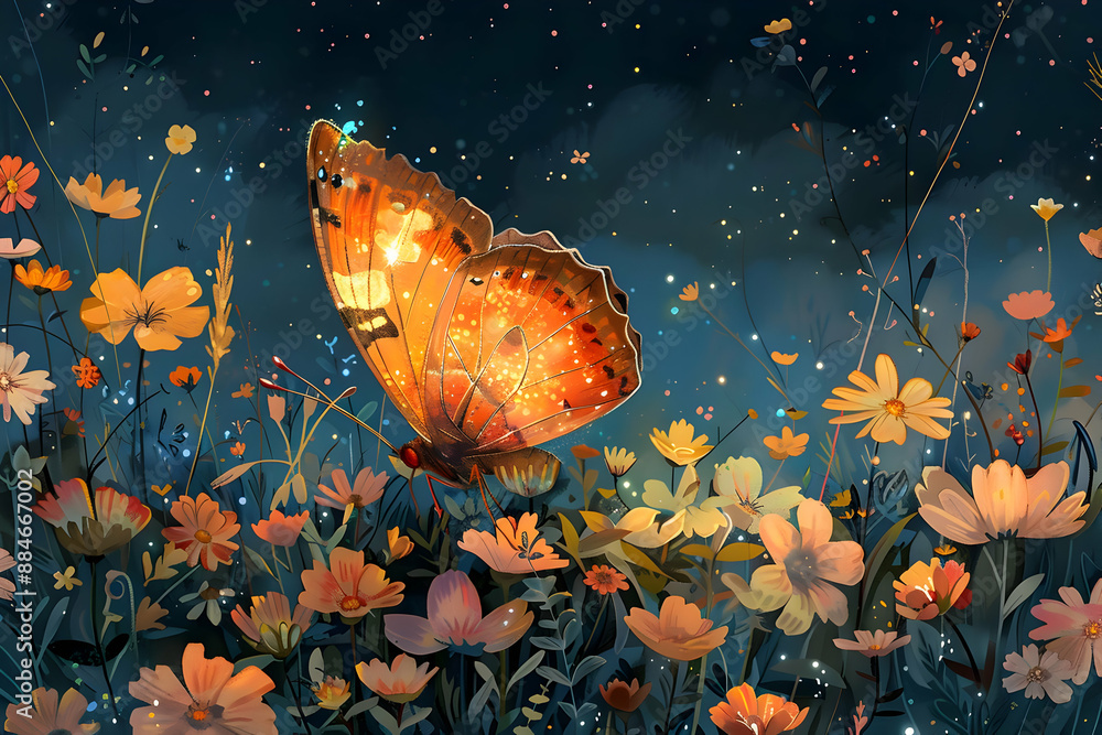 Glowing Butterfly in a Field of Flowers Glowing Butterfly in a Field of Flowers