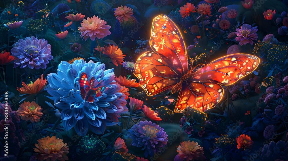 Glowing Butterfly in Flower Garden Glowing Butterfly in Flower Garden
