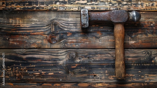 A close-up shot of an aged, rustic hammer resting on a weathered wooden surface, evoking a sense of history and craftsmanship with a vintage, historic appeal.