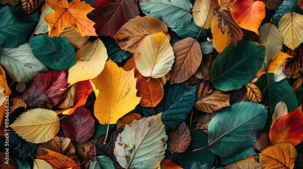 Colorful autumn leaves on the ground with bright yellow ones copy space Colorful autumn leaves on the ground with bright yellow ones copy space