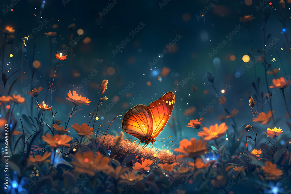 Glowing Butterfly in Flower Field Glowing Butterfly in Flower Field