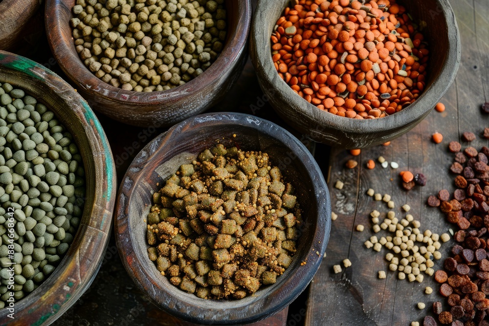 Top view of various legumes displayed in rustic wooden bowls Top view of various legumes displayed in rustic wooden bowls