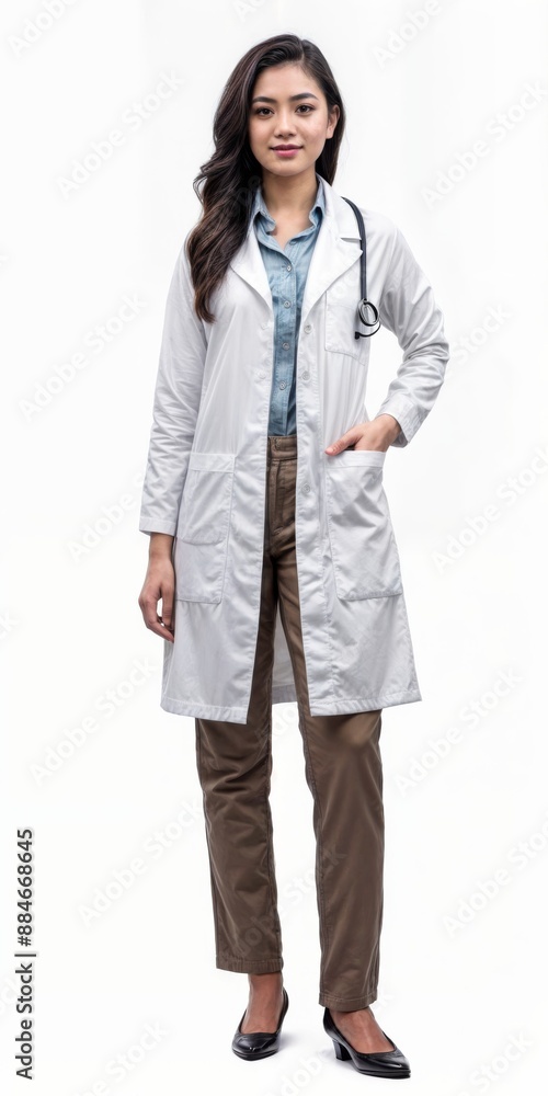 Female doctor in white coat standing with hands in pockets Female doctor in white coat standing with hands in pockets