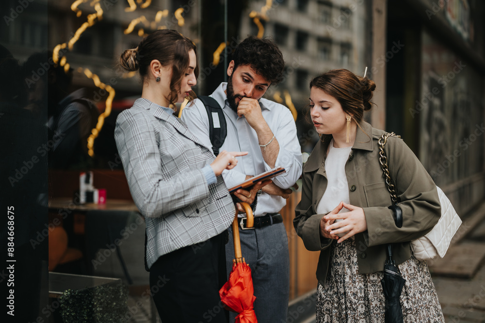 Obraz premium Business colleagues having an outdoor meeting, discussing ideas on a tablet in a city setting. Teamwork, collaboration, and brainstorming in an urban environment.