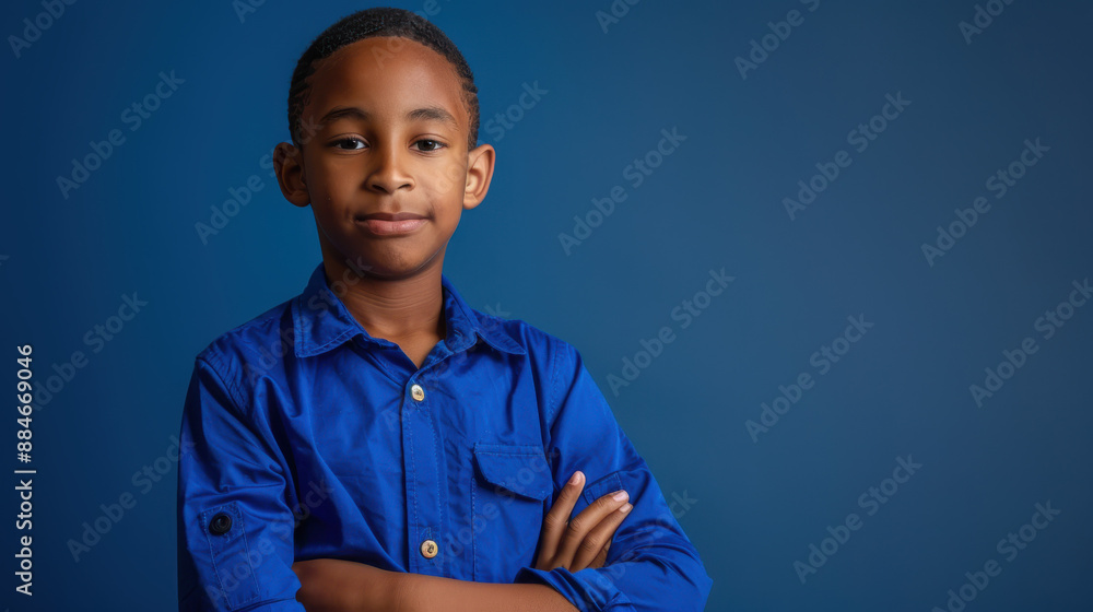 A photograph of a young boy in a blue shirt, arms crossed, surrounded by reaching hands, confident expression, straight-on angle, simple gradient background A photograph of a young boy in a blue shirt, arms crossed, surrounded by reaching hands, confident expression, straight-on angle, simple gradient background