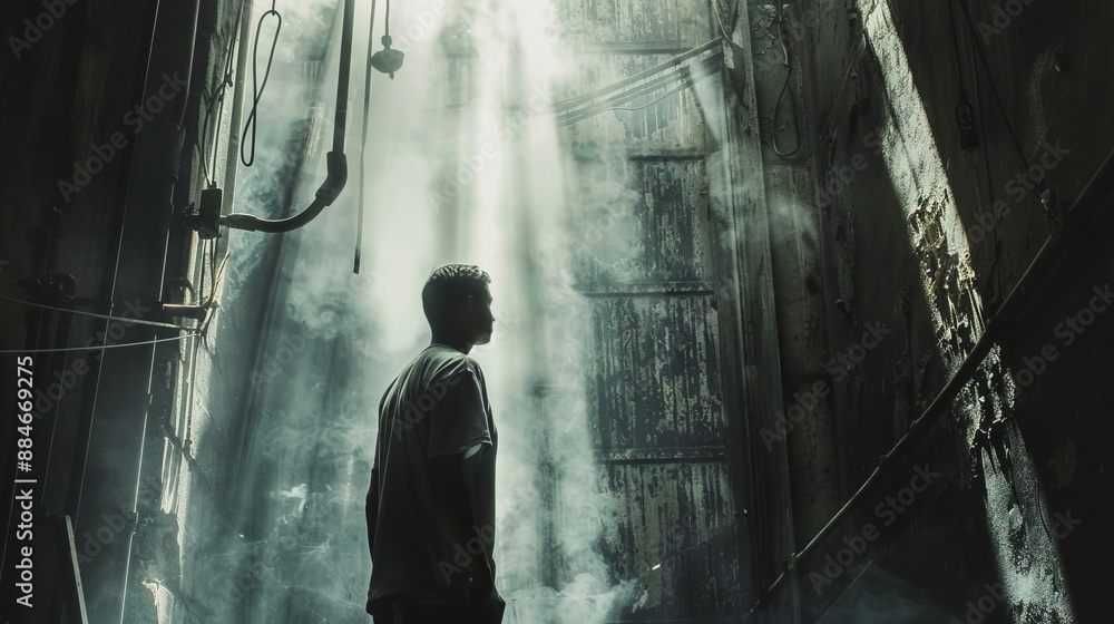 A moody image of a man standing in a dim, atmospheric setting with rays of sunlight streaming in through an open gap, creating a dramatic and introspective ambiance. A moody image of a man standing in a dim, atmospheric setting with rays of sunlight streaming in through an open gap, creating a dramatic and introspective ambiance.