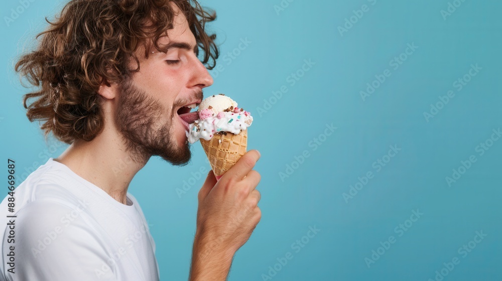 A male holding an ice cream and eating over plain background. A male holding an ice cream and eating over plain background.