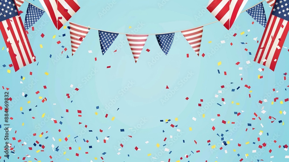 Colorful confetti and American flag bunting create a festive atmosphere on a light blue background, symbolizing a celebration of national pride and festive joy. Colorful confetti and American flag bunting create a festive atmosphere on a light blue background, symbolizing a celebration of national pride and festive joy.