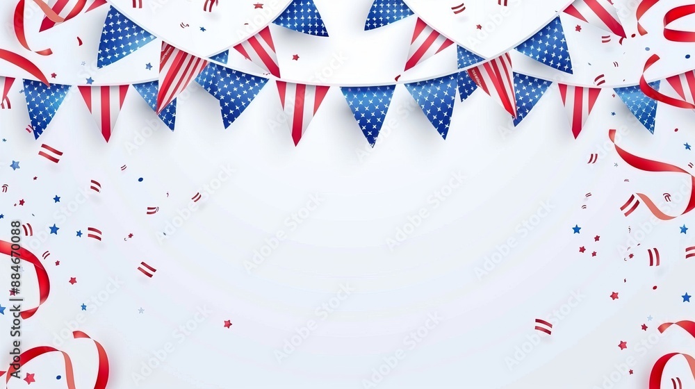 Obraz premium Decorations in American flag colors with streamers and bunting for a celebration, featuring stars and stripes in red, white, and blue to symbolize patriotism and festivity.