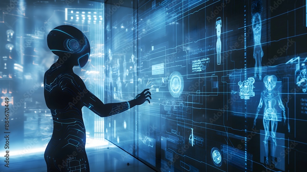 Obraz premium 40. A humanoid AI interacting with virtual reality elements in a futuristic setting