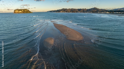 Sand bar at low tide on the beach at Whangamata, Coromandel Peninsula, New Zealand. photo