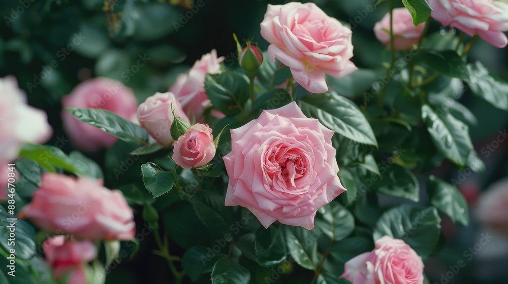 A close-up shot of a bush of pink roses with lush green leaves A close-up shot of a bush of pink roses with lush green leaves