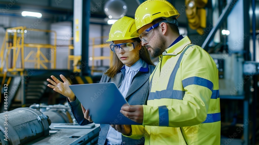 Two engineers in safety gear are discussing a project while looking at a laptop in an industrial facility, emphasizing teamwork and technical proficiency. Two engineers in safety gear are discussing a project while looking at a laptop in an industrial facility, emphasizing teamwork and technical proficiency.