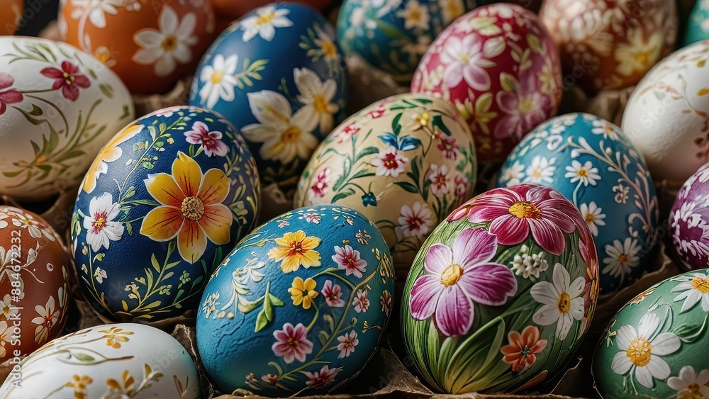 Hand-Painted Easter Eggs with Floral Designs. Hand-Painted Easter Eggs with Floral Designs.