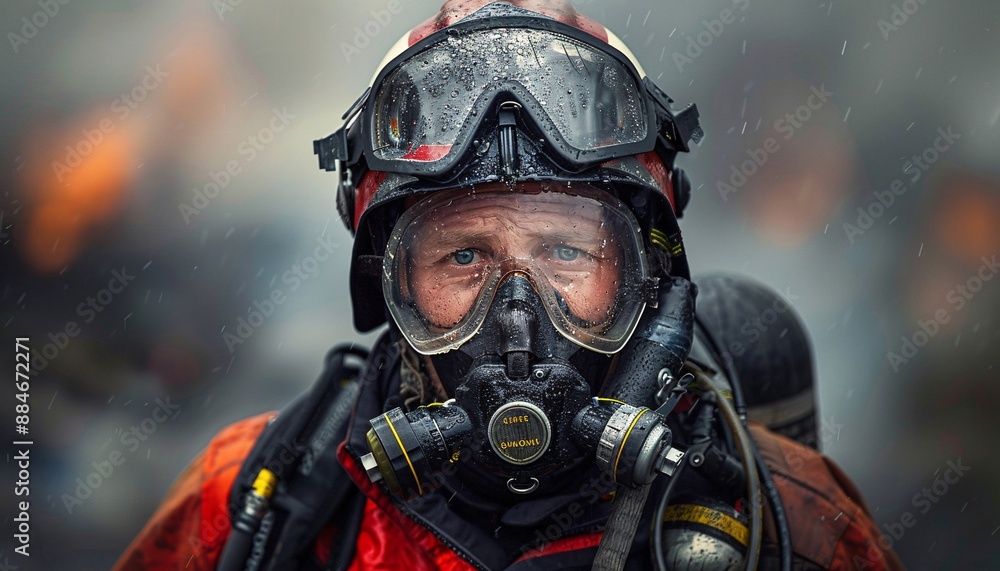 Firefighter in full gear, helmet, oxygen tank. Firefighter in full gear, helmet, oxygen tank.